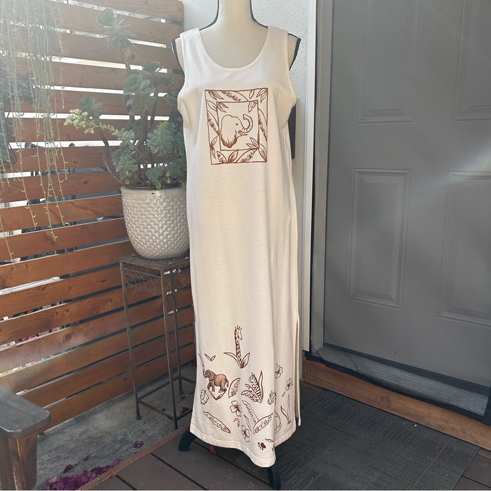 Foot Prints Safari Animal Graphics Maxi Dress Elephant Giraffe Lion Cream Sz M